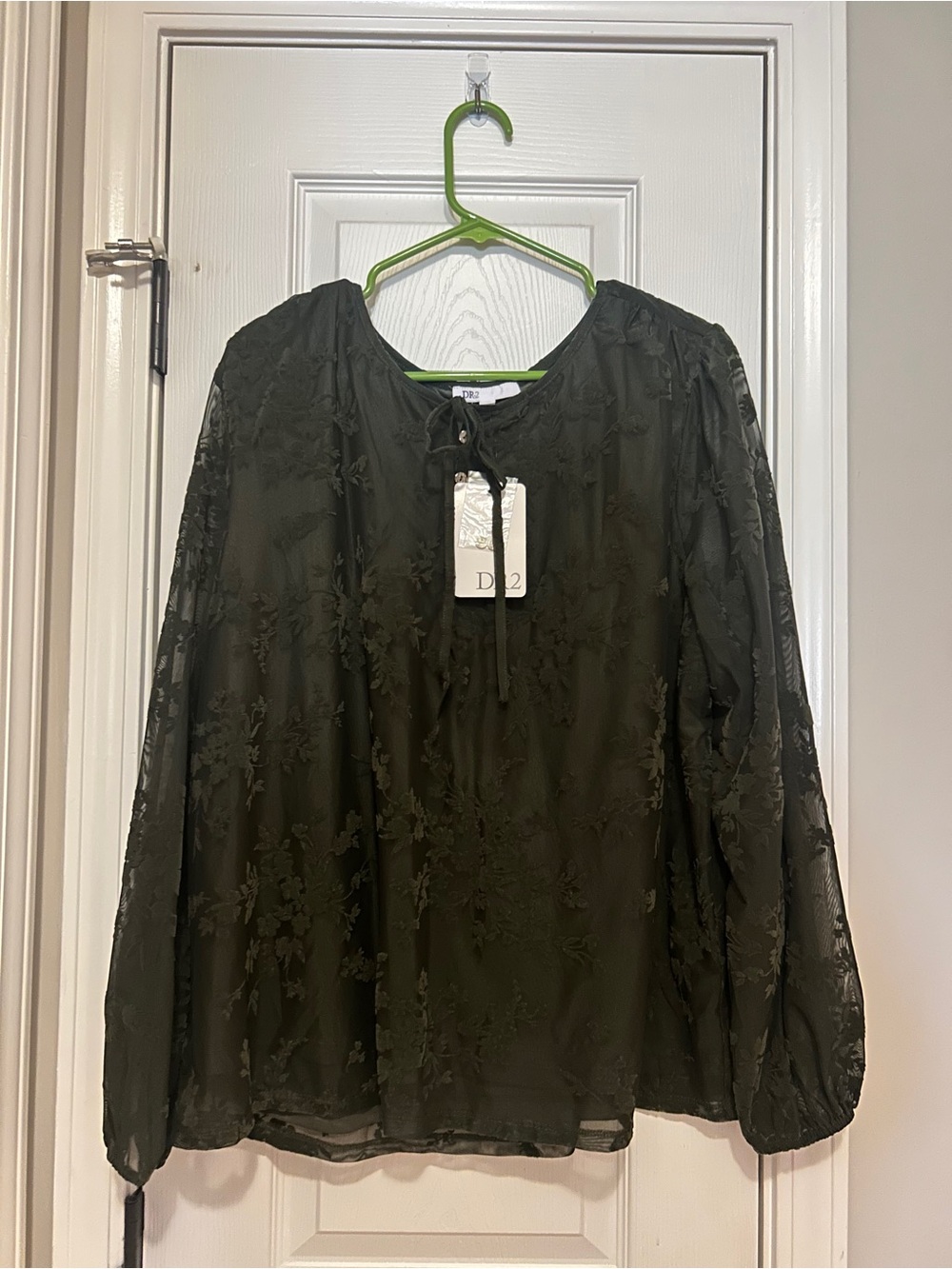 DR2 Olive Embroidered Tie-Neck Peasant Blouse